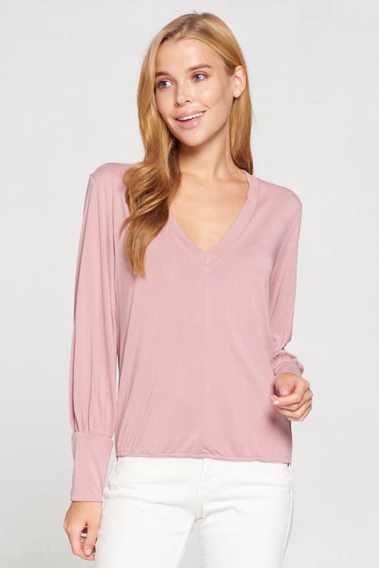 modal sand washed knit v neck top with cuffed puff sleeve