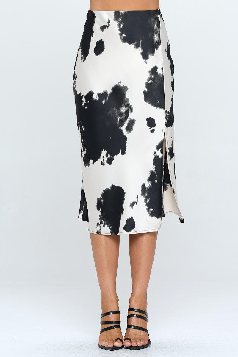 satin cow print midi skirt with slit
