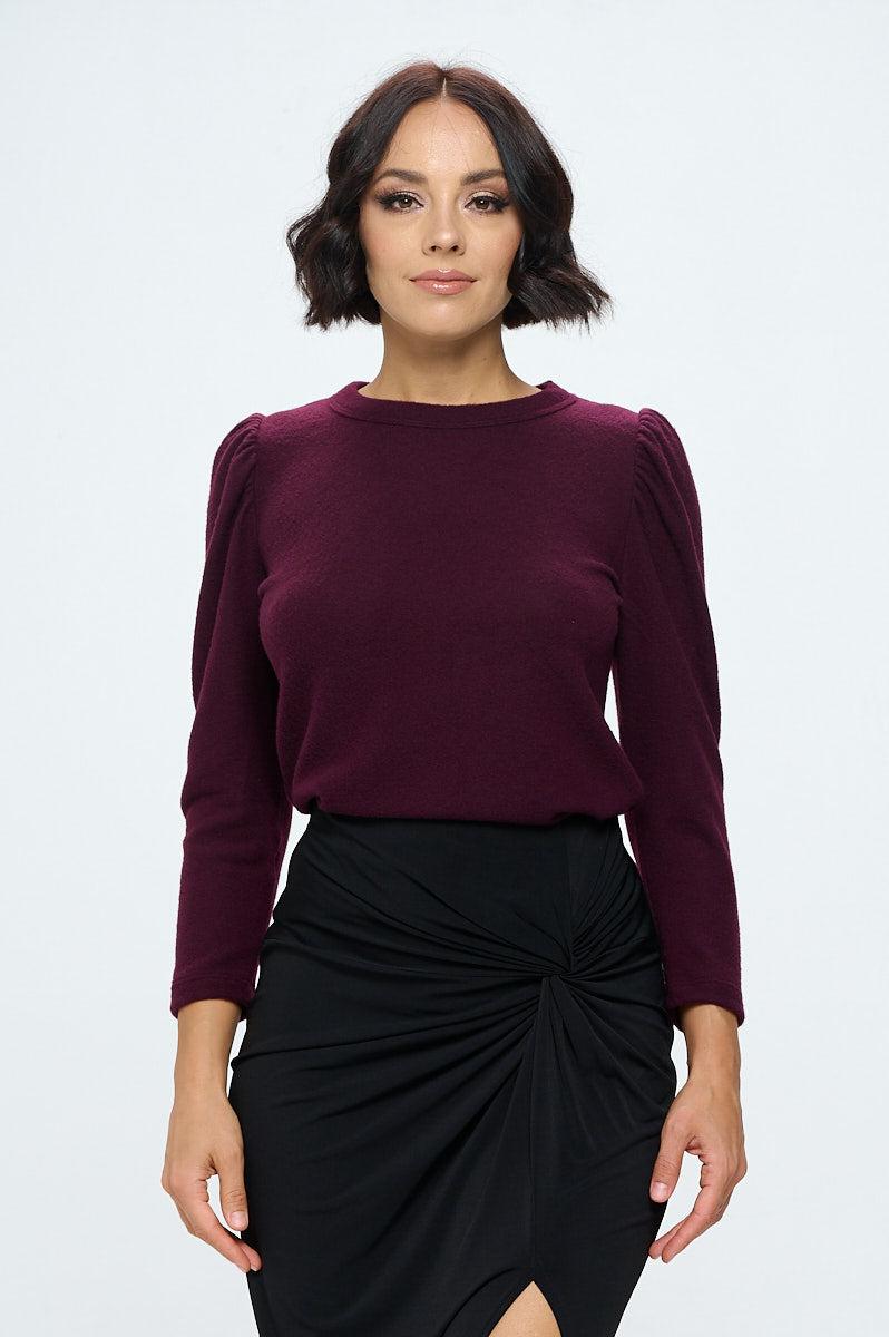 plum brushed knit top with puff sleeve